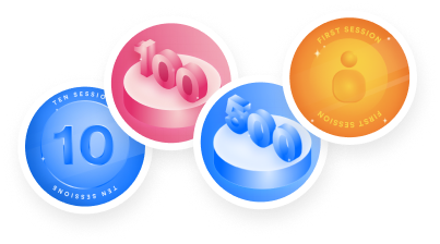 My ADPList mentoring badges: 10, 100 and 200 sessions, and first session